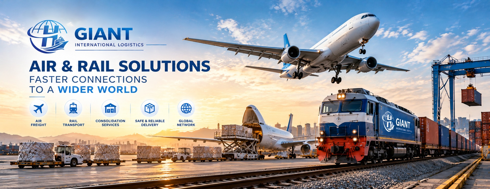 Air cargo aircraft and container freight train representing international air freight and railway transportation services from China.