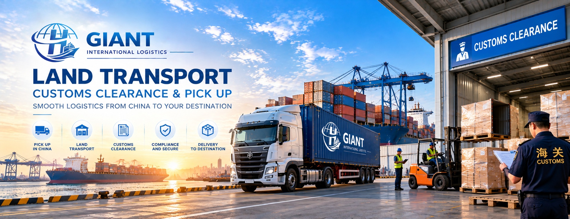 Container truck, warehouse cargo handling and customs inspection representing cargo pickup, inland transportation and export customs clearance in China.