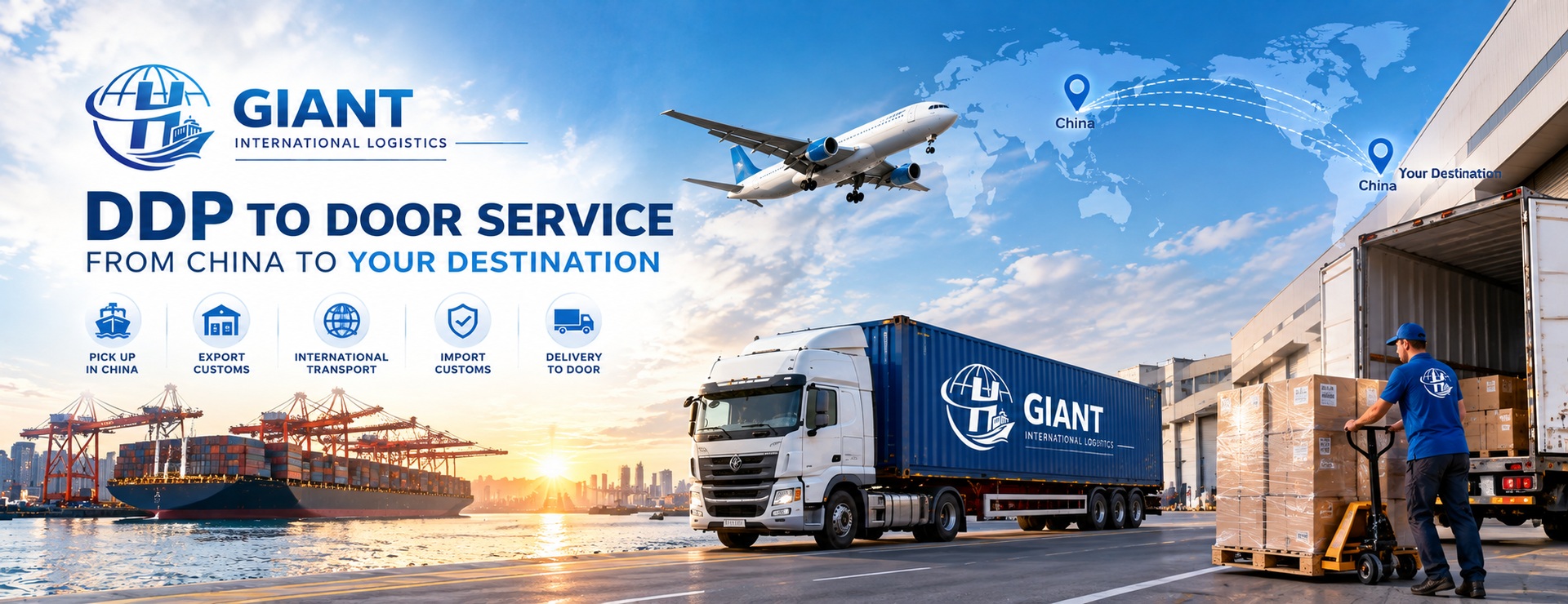 DDP shipping from China with freight transportation, customs clearance, cargo pickup and door-to-door delivery by Giant International Logistics.